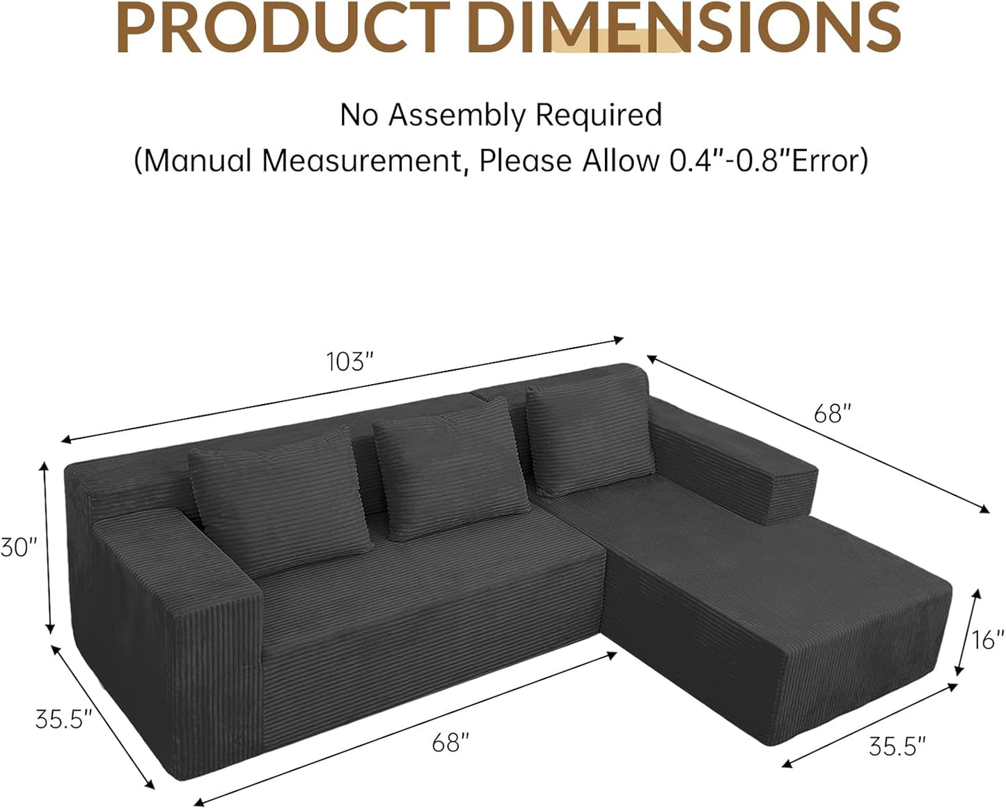ANONER 103" Cloud Sectional Couch with L-Shape Chaise, Modern Minimalist Modular Sofa with Deep Seat, Free Combination Cloud Couches for Living Room Apartment, No Assembly Required, Dark Grey
