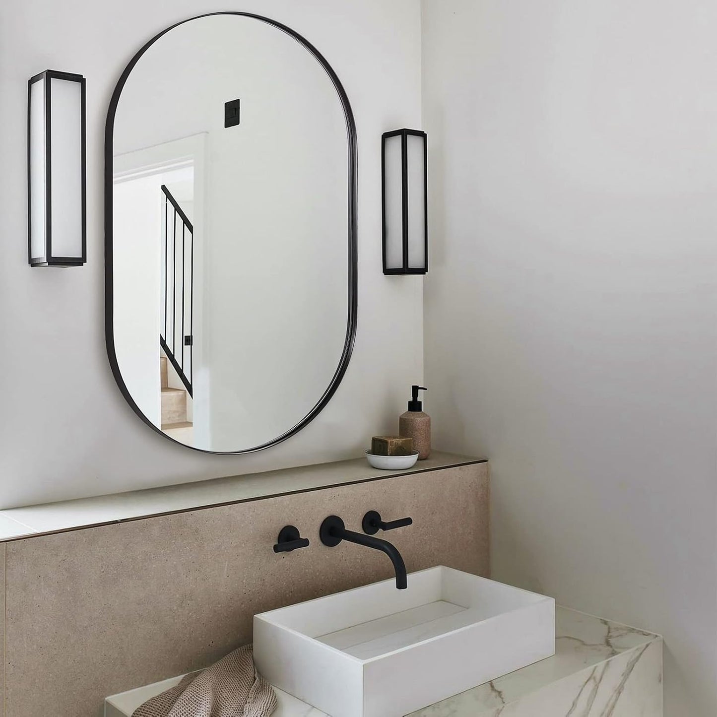 ANDY STAR Black Oval Mirror, 26x38'' Pill Shaped Mirror 1’’ Deep Metal Frame Wall Mounted Vertically&Horizontally Ideal for Limited Space