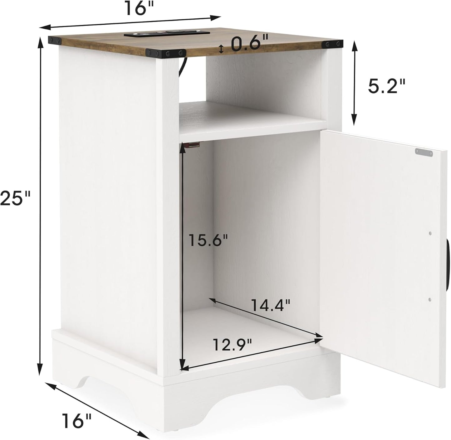 RoyalCraft Set of 1 Farmhouse Nightstand, White End Table with Charging Station, Tall Bedside Table with Large Storage Room and Shelf, Wooden Rustic Nightstand for Bedroom, Home Office
