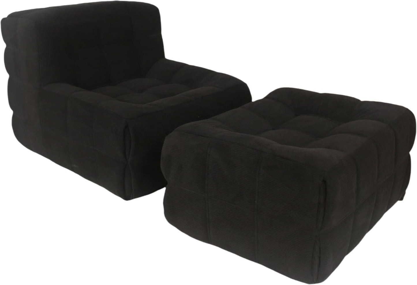 Bean Bag Chair - Memory Foam Bean Bag Chair for Adults, Comfy High-Resilience Single Sofa, Small Space Floor Chair, Chaise Lounge for Living Room, Bedroom (Black, Square + Ottoman)