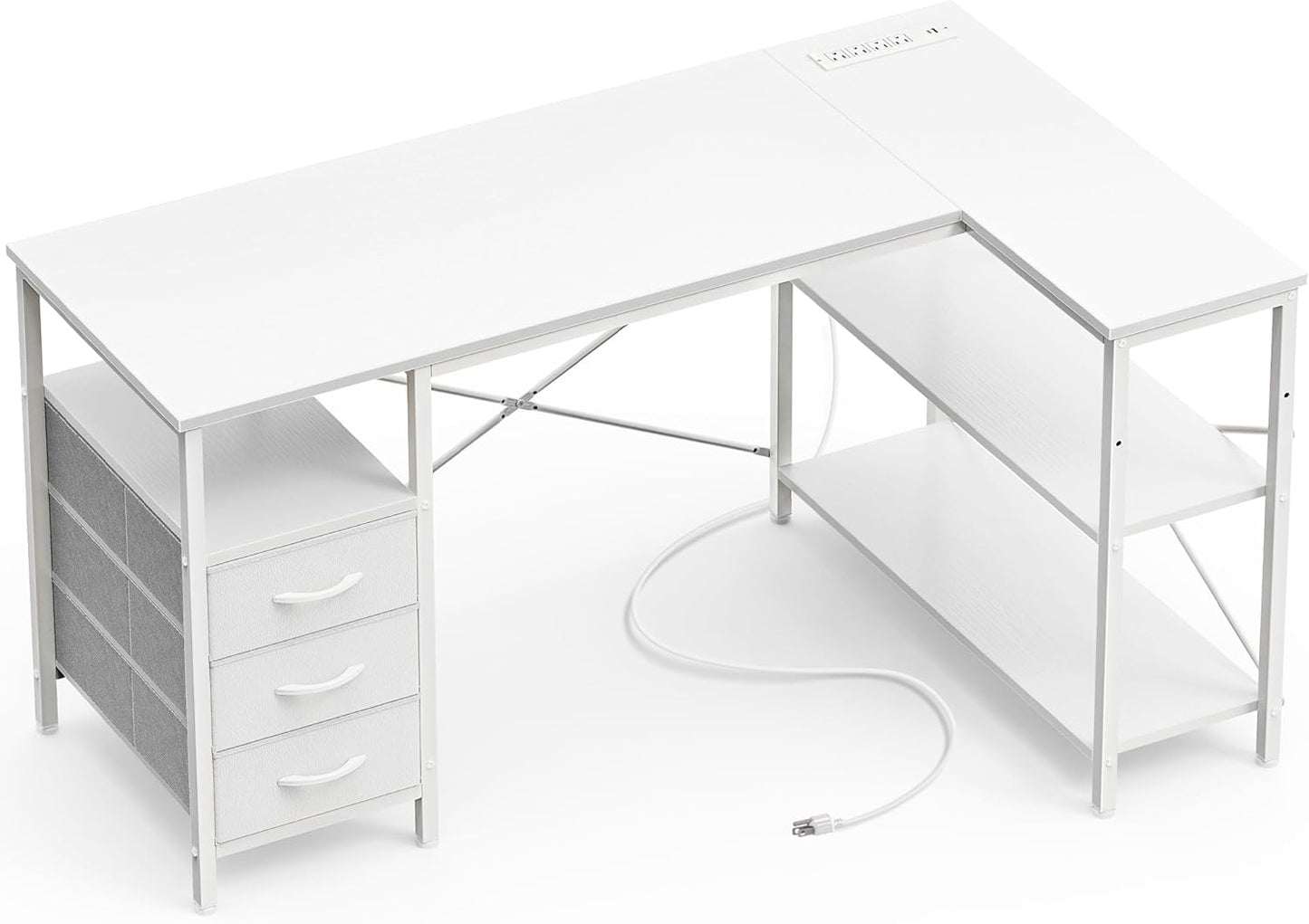 Huuger L Shaped Office Desk with Power Outlets, 47 Inch Computer Desk with 3 Drawers, Shelves, for Gaming, Corner Work, Home Office, Study, White