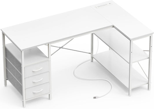 Huuger L Shaped Office Desk with Power Outlets, 47 Inch Computer Desk with 3 Drawers, Shelves, for Gaming, Corner Work, Home Office, Study, White