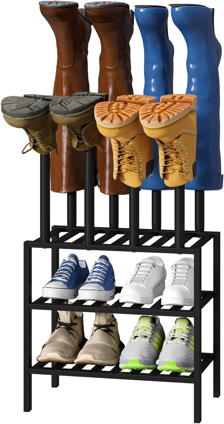 Black Boot Rack, Small Boot Rack Organizer Tall Boots with Shoe Rack for Closet, Bamboo Wood Shoe Shelf Storage Organizer for Entryway Small Space