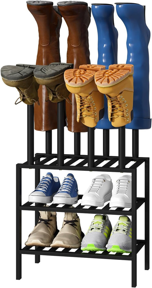 Black Boot Rack, Small Boot Rack Organizer Tall Boots with Shoe Rack for Closet, Bamboo Wood Shoe Shelf Storage Organizer for Entryway Small Space