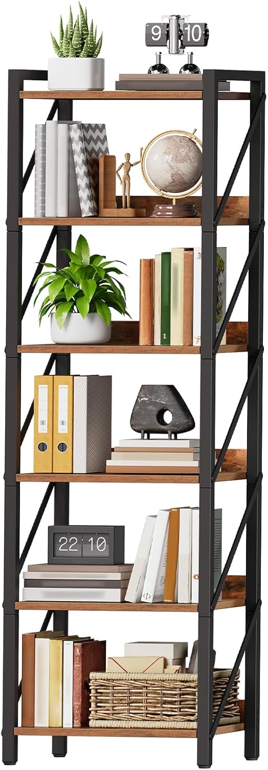 HOOBRO Bookshelf, 6-Tier Industrial Bookcase, Book Shelf Storage Organizer, Tall Bookshelf with Metal Frame for Living Room, Bedroom, Home Office, Kitchen, Rustic Brown and Black BF72SJ01