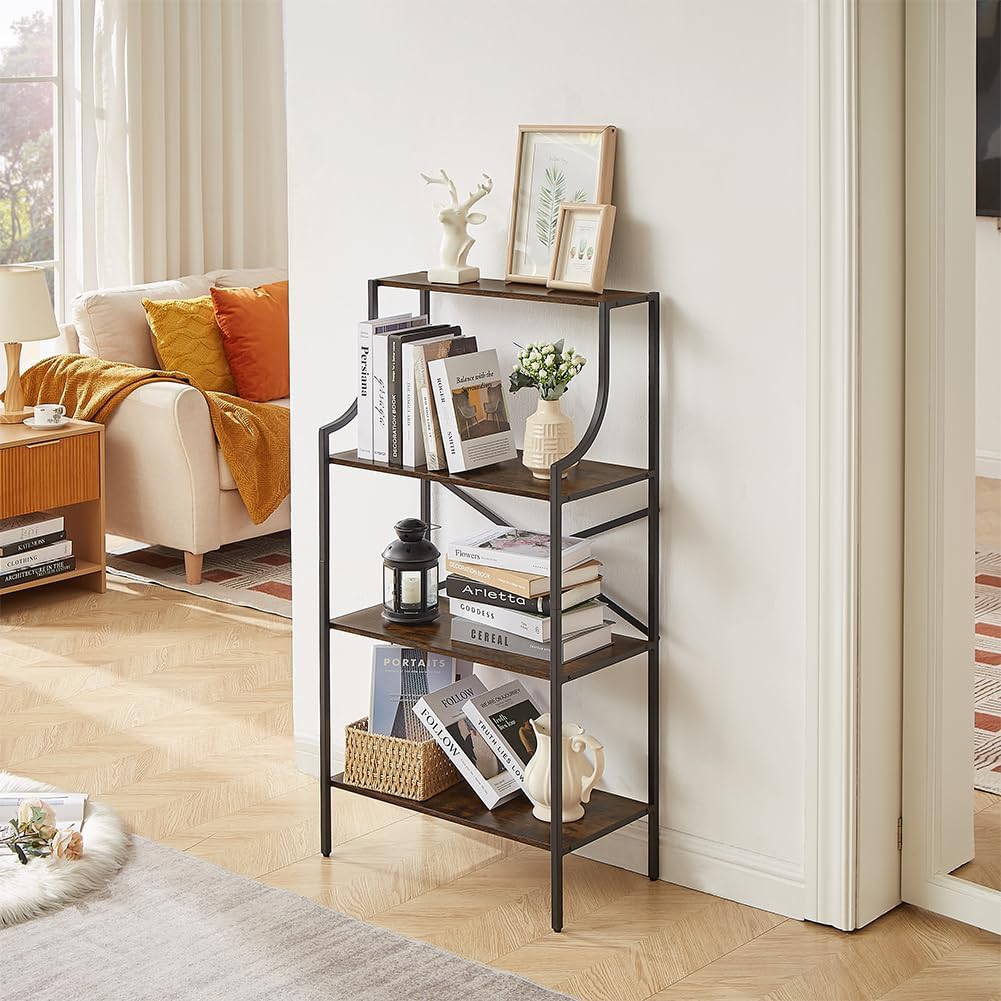4 Tier Bookshelf, Entryway Standing Shelf Units with Storage, Small Bookcases with Open Shelves, Home Storage Shelving for Bedroom, Study, Living Room, Rustic Brown