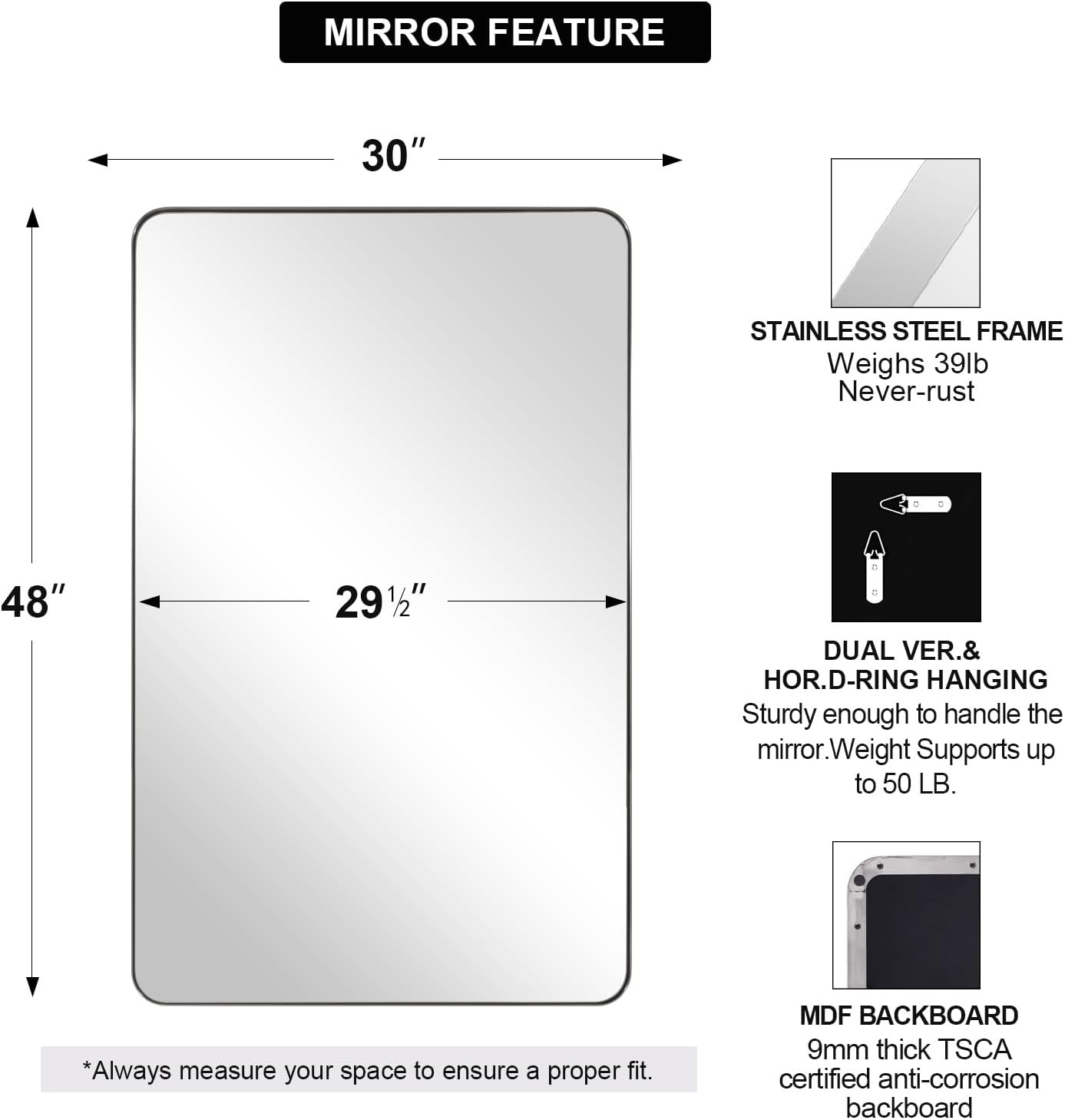 ANDY STAR 30"x48"Chrome Bathroom Mirror, Large Wall Mirror for Bathroom, Rounded Rectangle Mirror in Premium Stainless Steel Metal Frame Hangs Horizontal Or Vertical