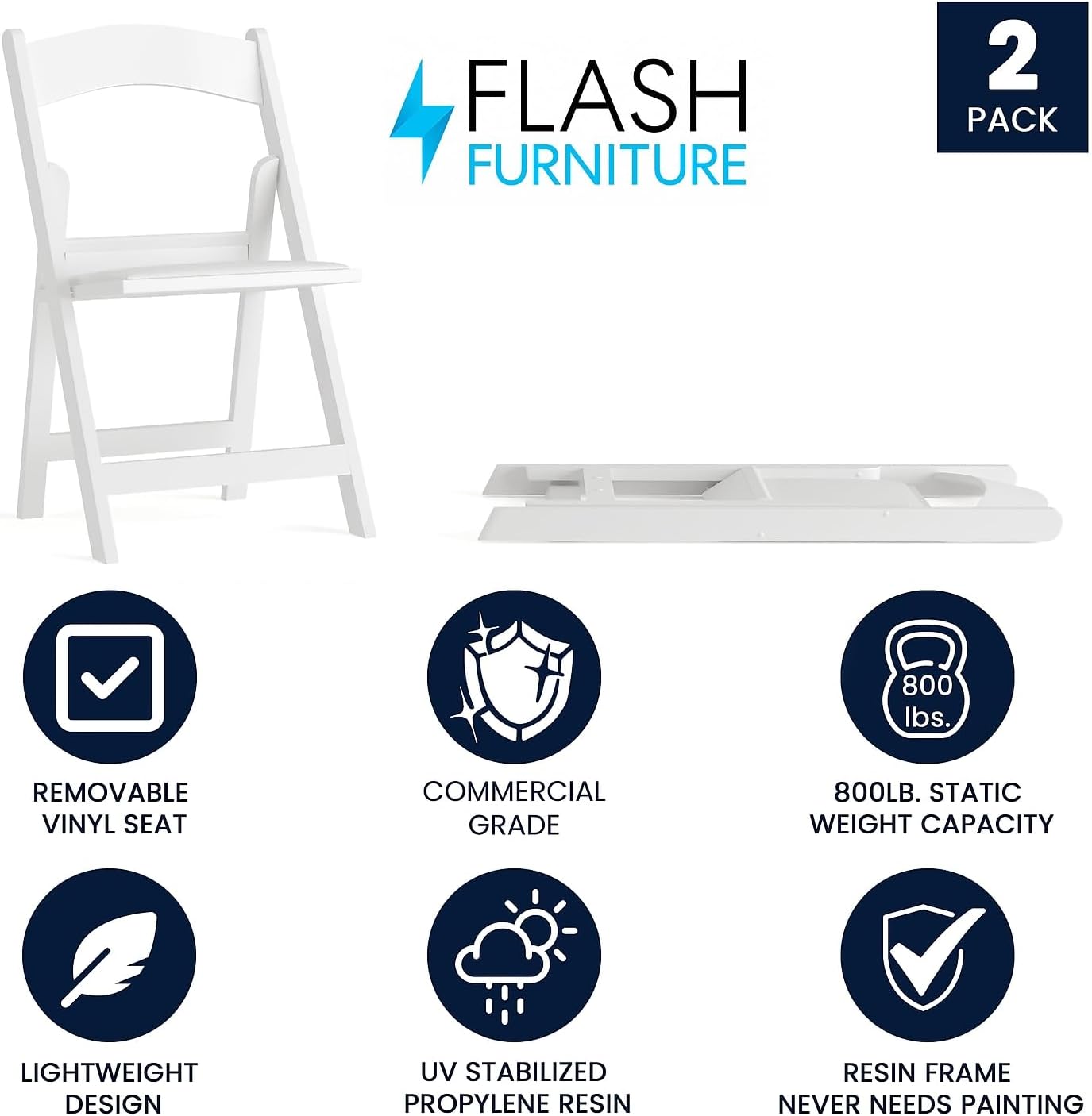 Flash Furniture Hercules Series Folding Chairs for Weddings and Formal Events, Stackable Commercial Event Seats with 1,000-lb. Static Weight Capacity, Set of 2, White