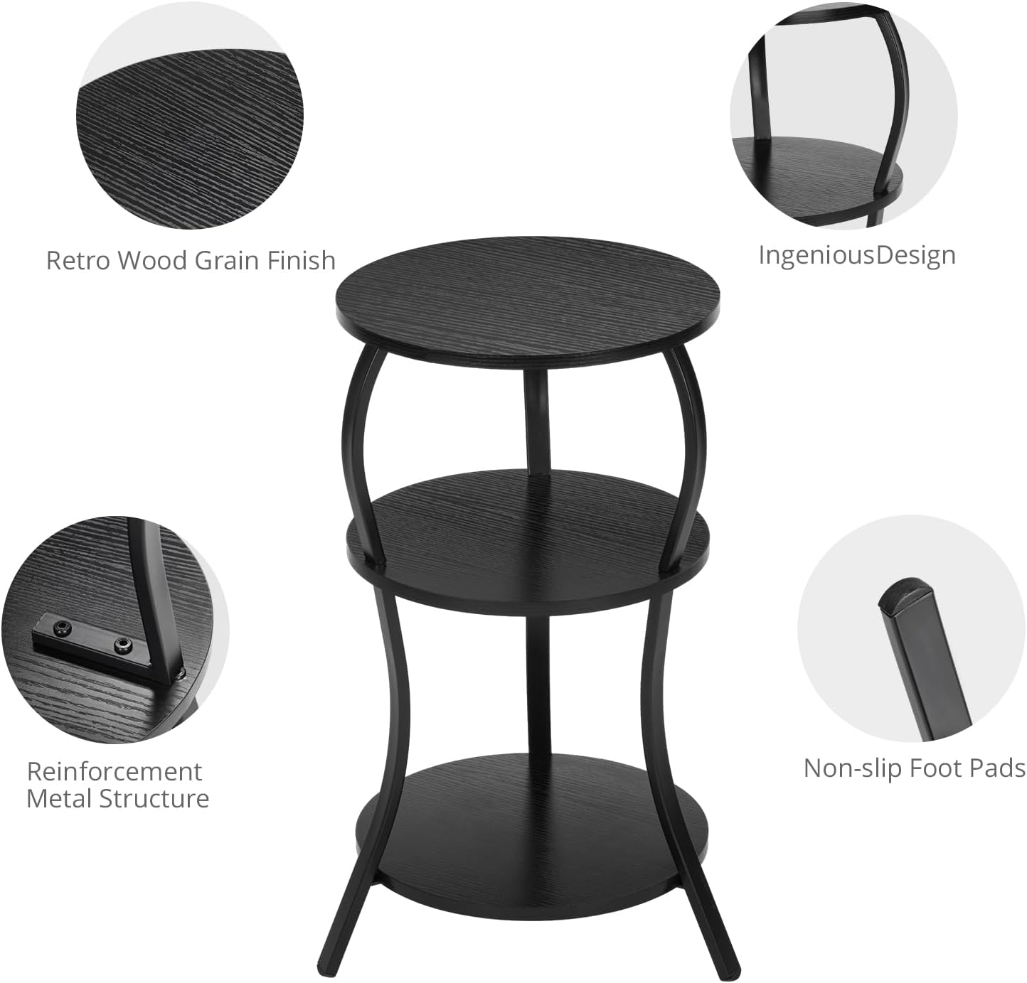 Vintage Small Round Side Table, 3-Tier Slim Waist Circular End Table with Storage Shelf, Compact Tea Sofa Side Table, Round Corner Coffee Table Nightstand for Living Room Bedroom Small Spaces,Black