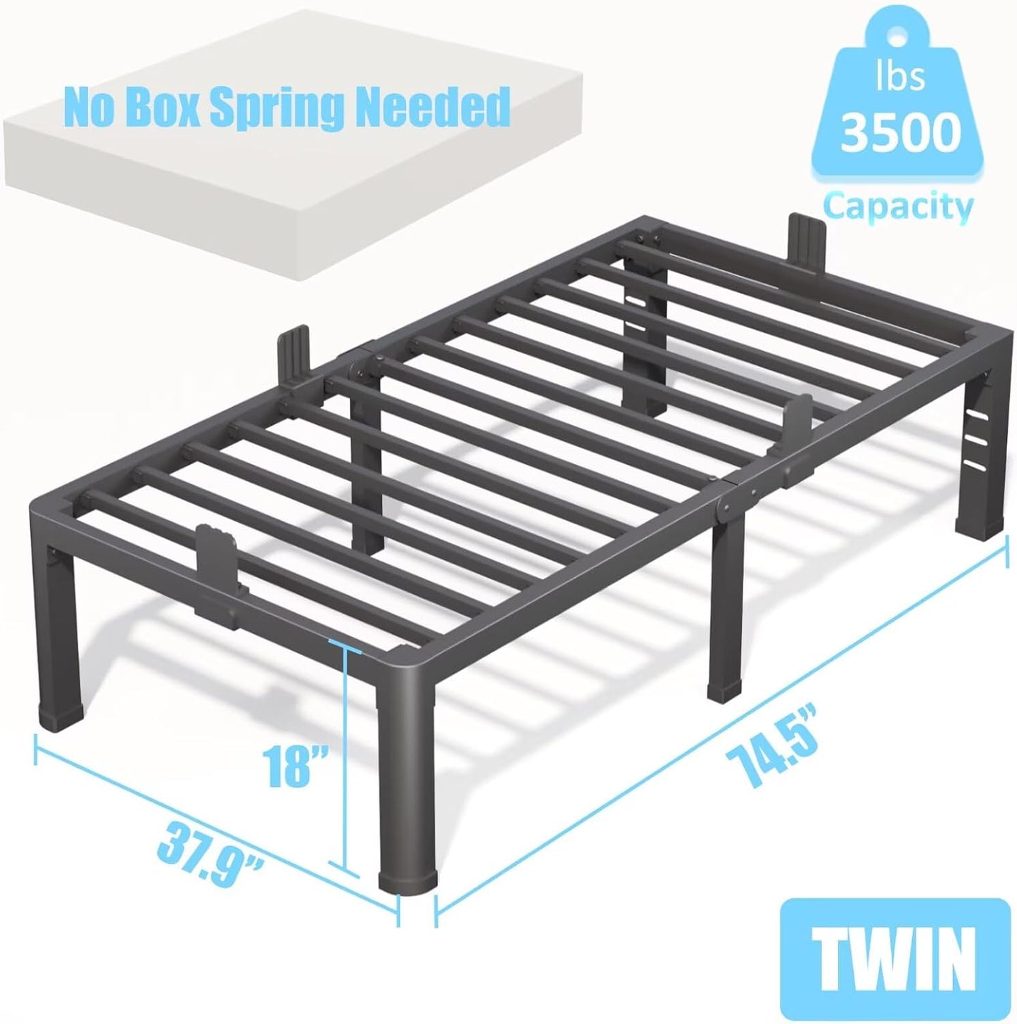 FUIOBYVV 18 Inch Twin Bed Frame with Rounded Corner and Headboard Hole Mattress Retainers 3500 LBS Metal Heavy Duty Steel Slats Support No Box Spring Needed Platform Noise Free Easy Assembly