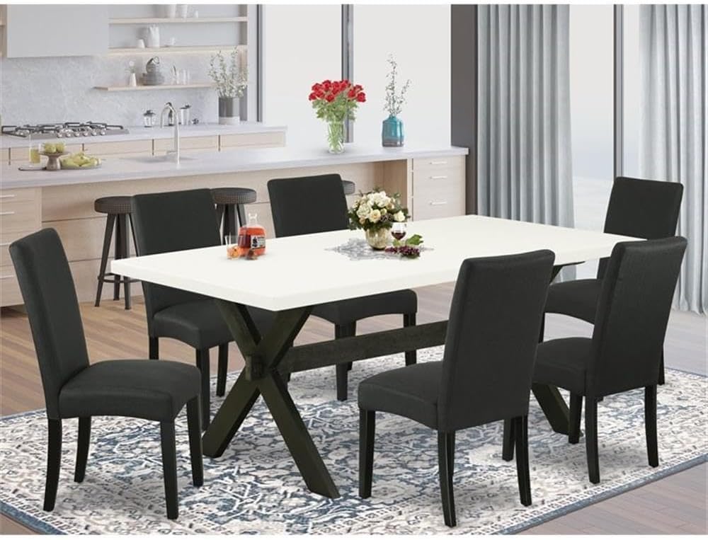 East West Furniture X627DR124-7 7 Piece Dining Room Furniture Set Consist of a Rectangle Dining Table with X-Legs and 6 Black Color Linen Fabric Upholstered Chairs, 40x72 Inch, Multi-Color