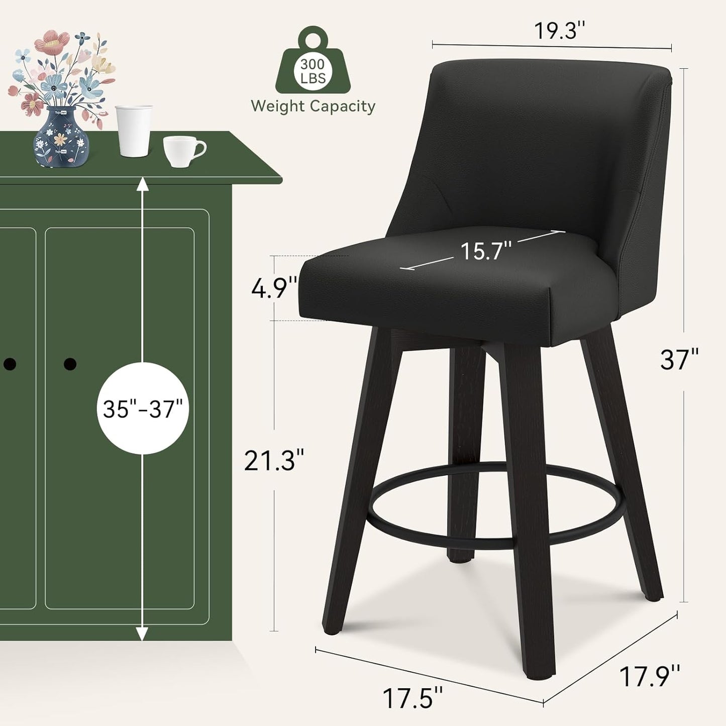 Vipbear Swivel Counter Height Bar Stools Set of 3,26.8" H Counter Stools with Back, Mid Century Modern Bar Stools for Kitchen Island,Faux Leather,Wooden Base, Black