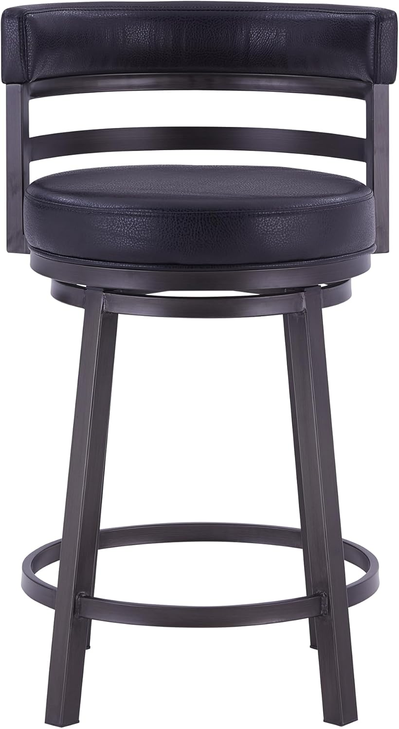 Armen Living Madrid 26" Counter Height Swivel Barstool in Ford Black Faux Leather and Mineral Finish