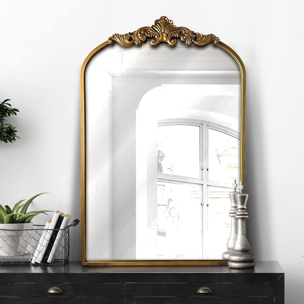 WAMIRRO Arched Gold Mirror,Gold Traditional Vintage Ornate Baroque Mirror,Antique Brass Mirrors,Wall Mounted Mirrors for Entryway/Fireplace/Living Room/Hallway/Bathroom.36“X24”Gold