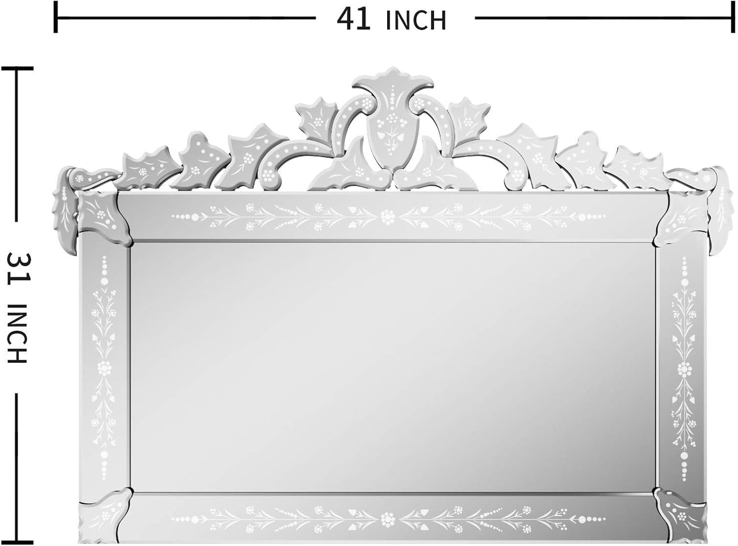 KOHROS Large Decorative Wall Mirrors for Living Room 41x31 Inch Venetian Wall Mirror with Ornate Crown, Etched Floral Design Beveled Edge Rectangle Decorative Mirror for Bedroom Dining Room Hallway