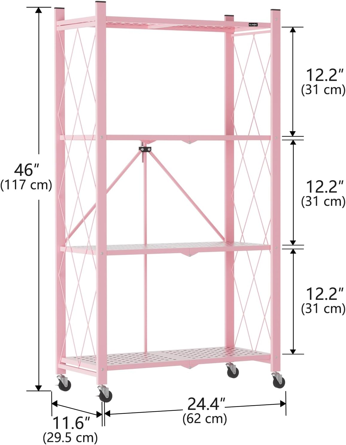 ALANNG Storage Shelves with Wheels, Bookshelf with Storage, No Assembly Metal Rack Shelf for Kitchen, Office, Laundry, Garage (4 Tier, Pink)