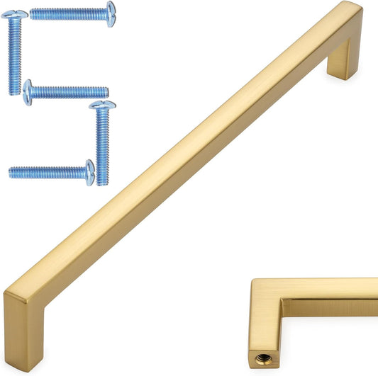 KOOFIZO Solid Square Bar Cabinet Handle - Brushed Gold Furniture Pull, 7.6 Inch/192mm Screwhole Distance, Pack of 5 for Kitchen Cupboard Door, Bedroom Dresser Drawer, Bathroom Wardrobe Hardware
