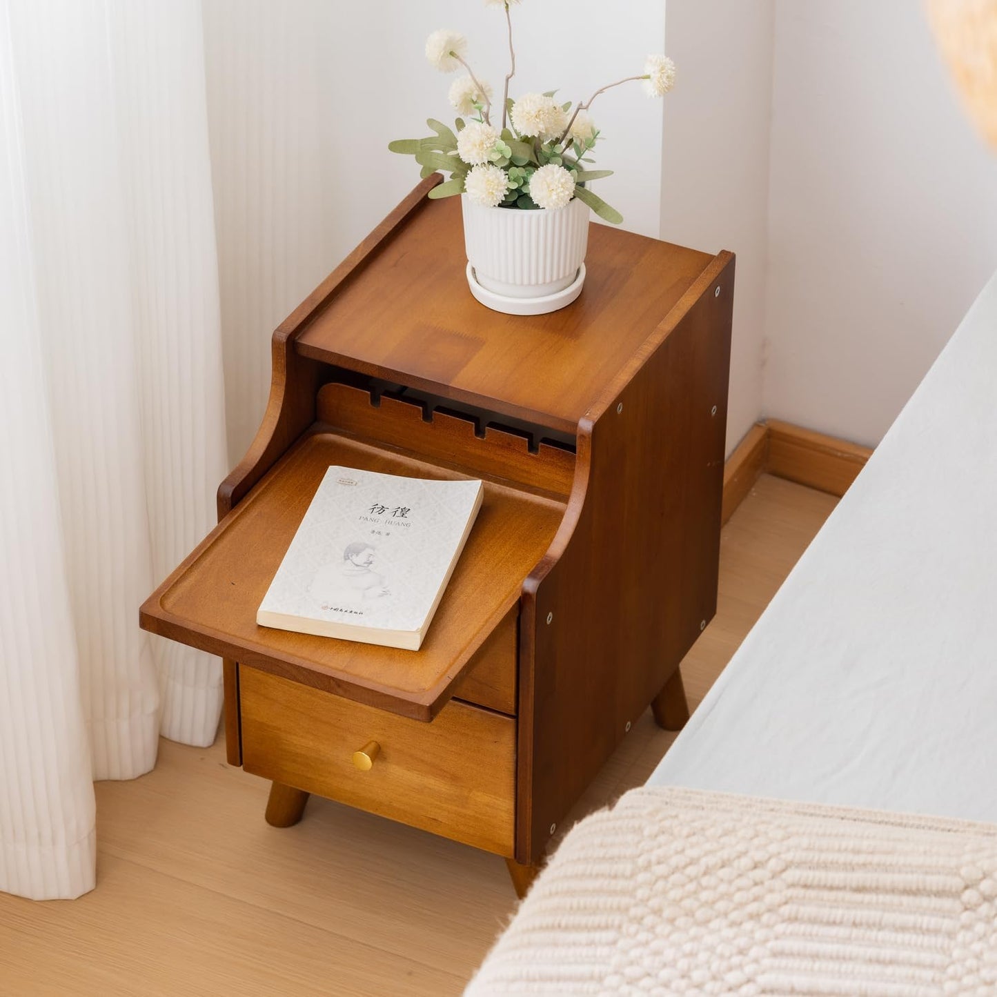 Small Nightstand, Narrow Nightstand, Solid Wood Night Stand, Narrow Side Table for Small Spaces, Couch, Walnut Color 11.81 in Wide