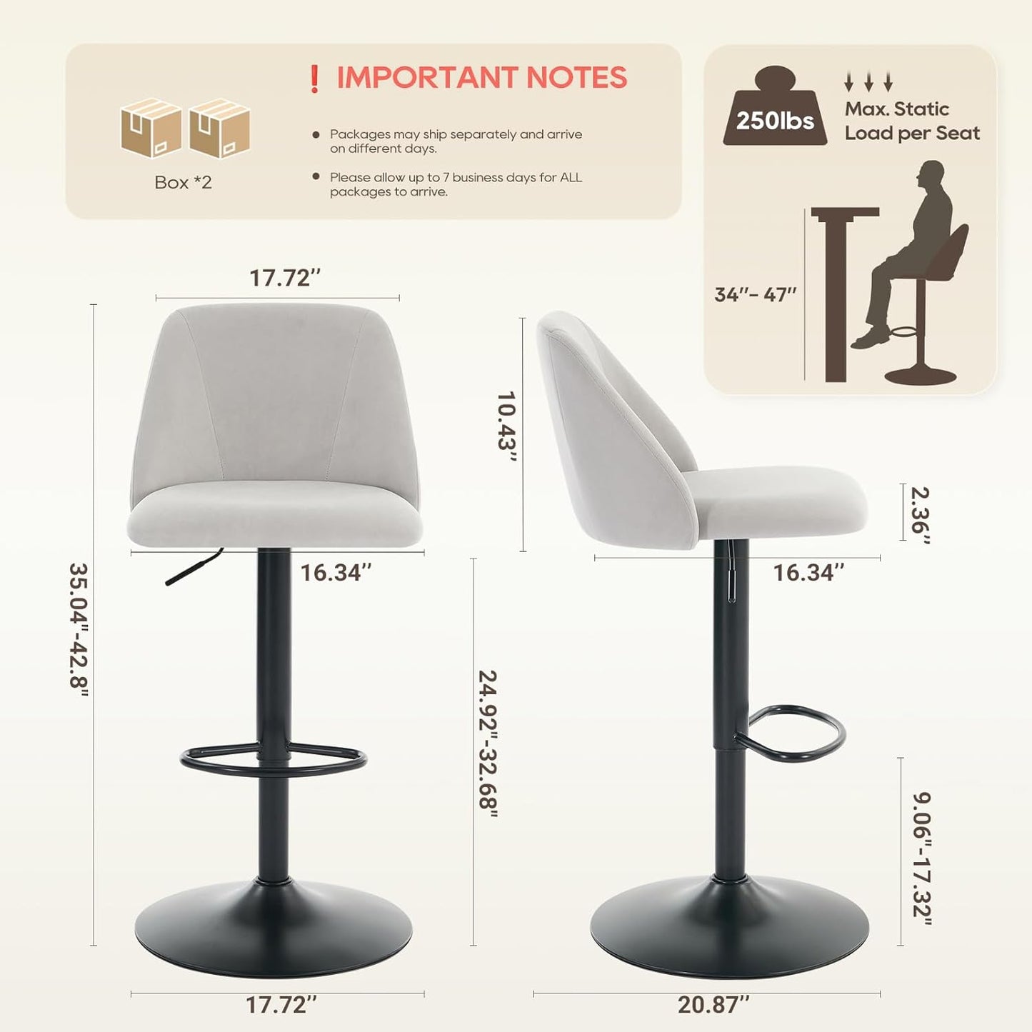 COLAMY Bar Stools Set of 4, Modern Swivel Bar Chairs, Adjustable Upholstered Barstools Counter Height with Full Backrest for Bar, Dining Room, Kitchen Island, Grey