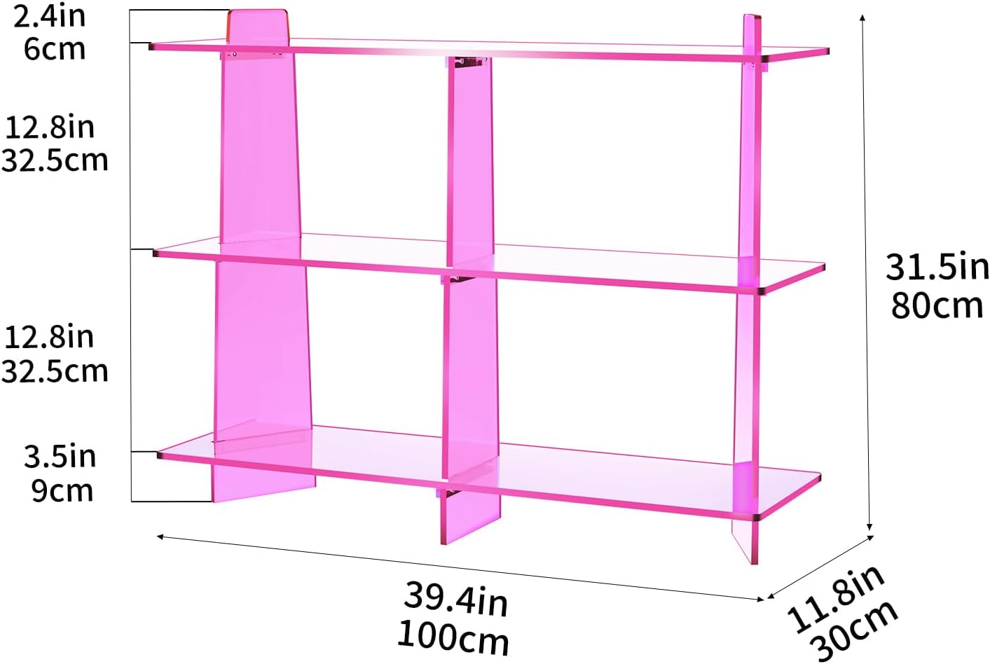 Acrylic Bookshelf, Small 3 Tier Open Bookcase for Small Spaces,Sofa Table, Hallway Entry Table for Home Living Room (Pink, 39.4'' x 11.8'' x 31.5'')