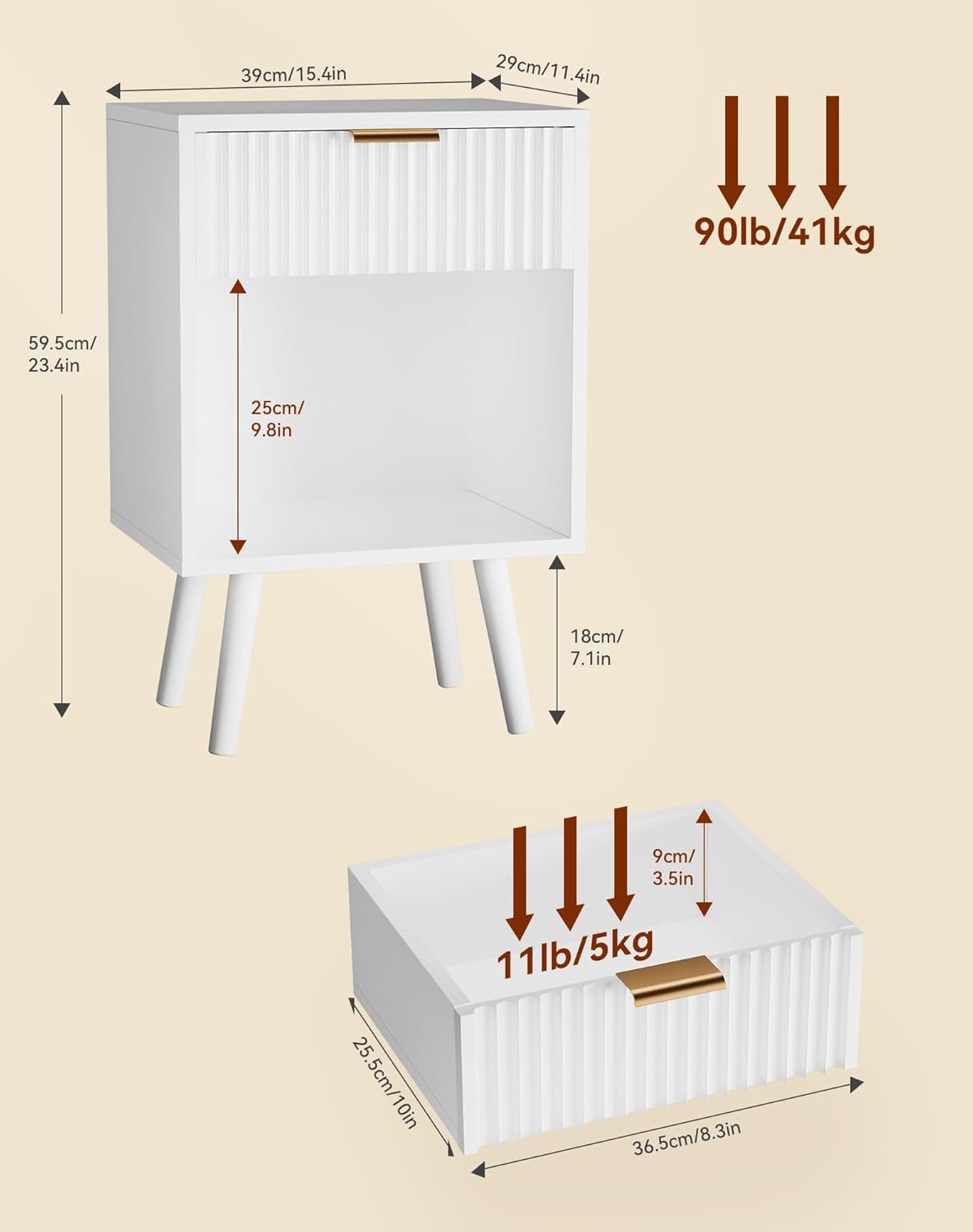 YMYNY Mid Century Modern Nightstand, Side Table, Fluted Night Stand with Drawer, Open Shelf Unit, Golden Handle, Solid Wood Legs, Bedside Table, for Bedroom, White UHST013W