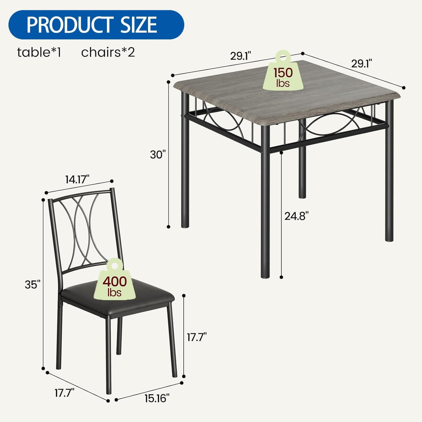 IDEALHOUSE Dining Table Set for 2, Square Dinner Table Sets with 2 Upholstered Chairs, Small Kitchen Table and Chairs for 2, Corner Dining Room Table Set for Apartment, Small Space, Dinner, Retro Gray