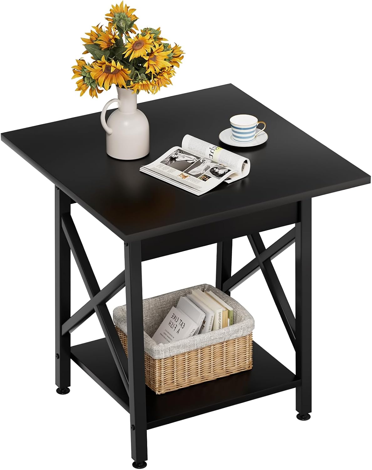 GreenForest End Table 24 inch for Living Room, Large Square Side Tables with X-Frame, Tall Industrial Bedside Nightstand with 2-Tier Storage, Black