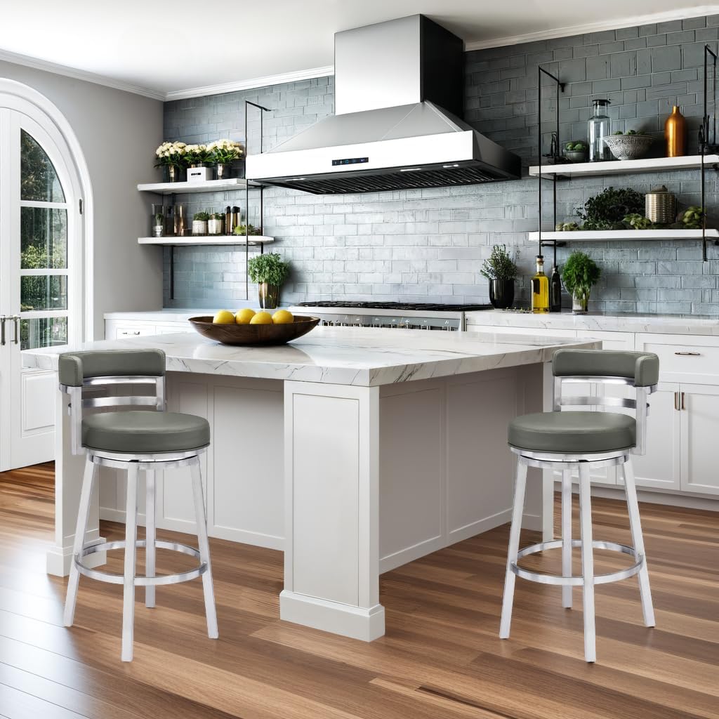 Armen Living Madrid 26" Counter Height Swivel Modern Gray Faux Leather and Brushed Stainless Steel Bar Stool for Kitchen Island Counter