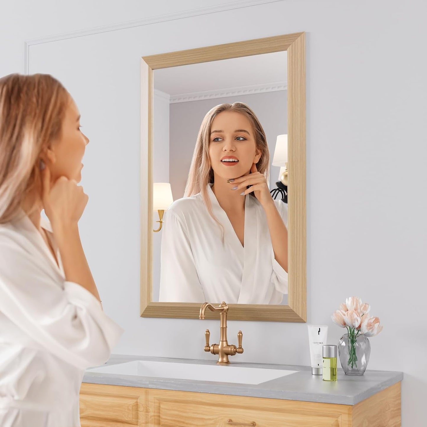 Amorho 24x36 Inch Bathroom Mirror for Wall, Oak Wood Grain Metal Framed Mirror, Anti-Rust, Hang Horizontally/Vertically, Suitable for Bedroom, Farmhouse, Bathroom, Decorative