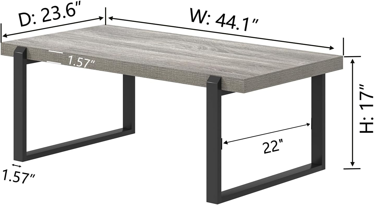 FOLUBAN Modern Coffee Table, Rustic Wood and Metal Center Table, Retro Small Cocktail Tea Table for Living Room, Light Grey, 44 Inch