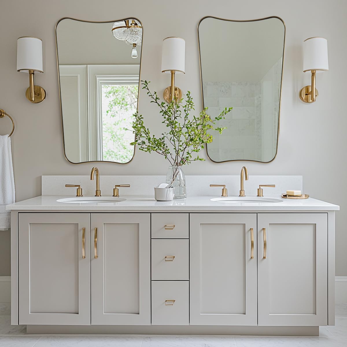 Brushed Gold Bathroom Mirror, 24x40 Inch Gold Irregular Bathroom Vanity Mirror, Gold Asymmetric Mirror with Stainless Steel Frame, Metal Framed Wall Mounted Accent Mirror Vertical Only