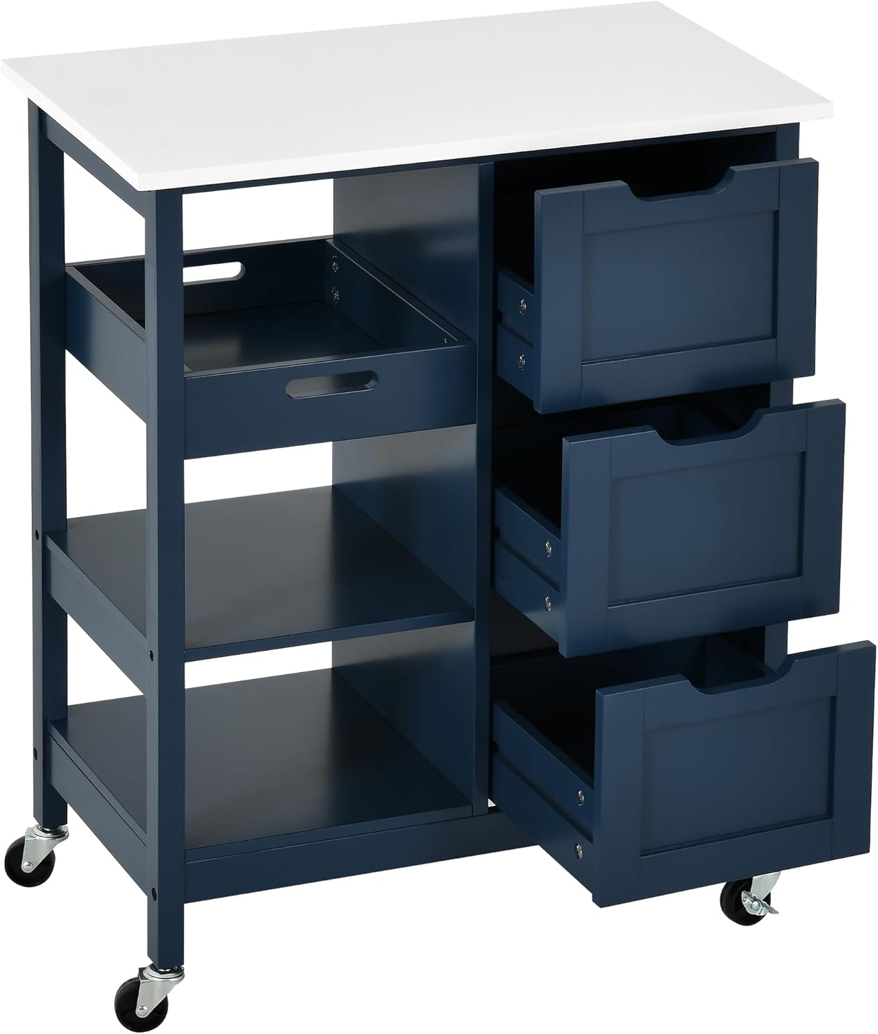 YITAHOME Small Solid Wood Top Kitchen Island Cart on Wheels with Storage, Rolling Portable Dining Room Serving Utility Carts Mobile Movable with 3 Drawers Cabinet, Navy Blue