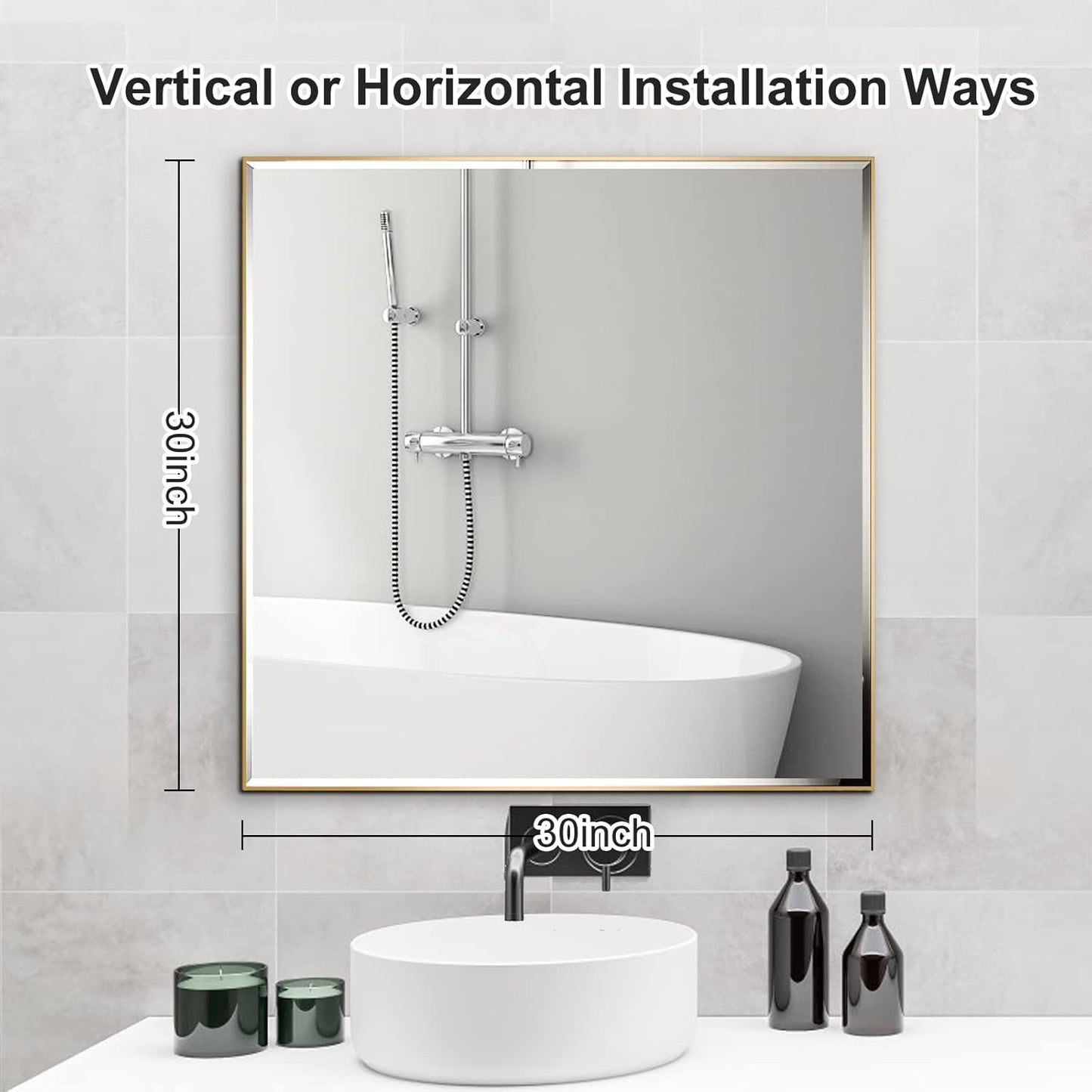 30x30 Inch Gold Mirror with Beveled Trim, Aluminum Frame Bathroom Vanity Mirror, Copper-Free Mirror, Rectangle Wall Mounted Mirror, Modern Rectangular Mirror Horizontal or Vertical