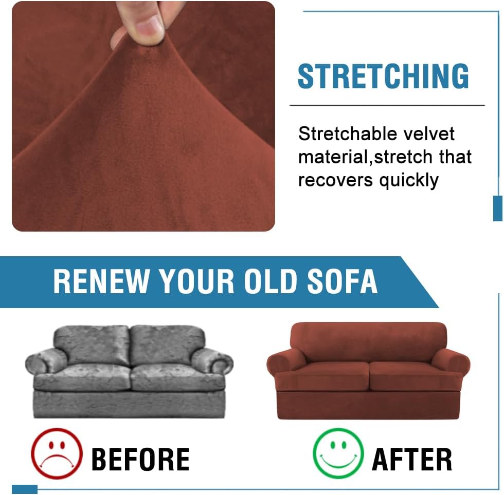 H.VERSAILTEX Sofa Cover 3 Piece T Cushion Sofa Slipcovers Thick Velvet Couch Cover Stretch T Cushion Sofa Covers for 2 Cushion Couch with 2 Individual T Cushion Covers Washable, Rust
