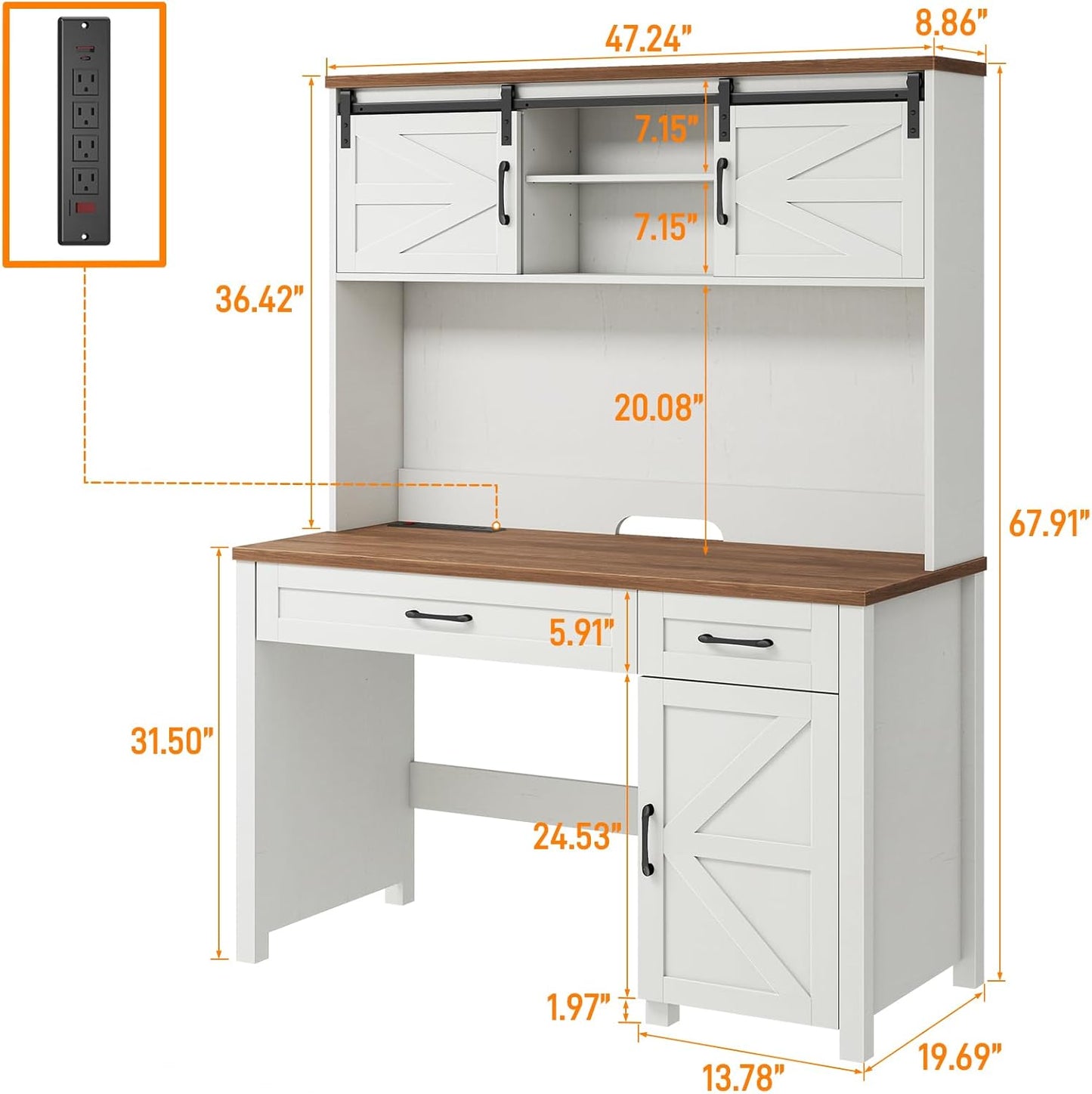 Farmhouse 47" Executive Desk, Computer Desk with Drawers and Storage Cabinet, Home Office Desks with Hutch and Charging Station, Workspace for Work & Study (Unique White).