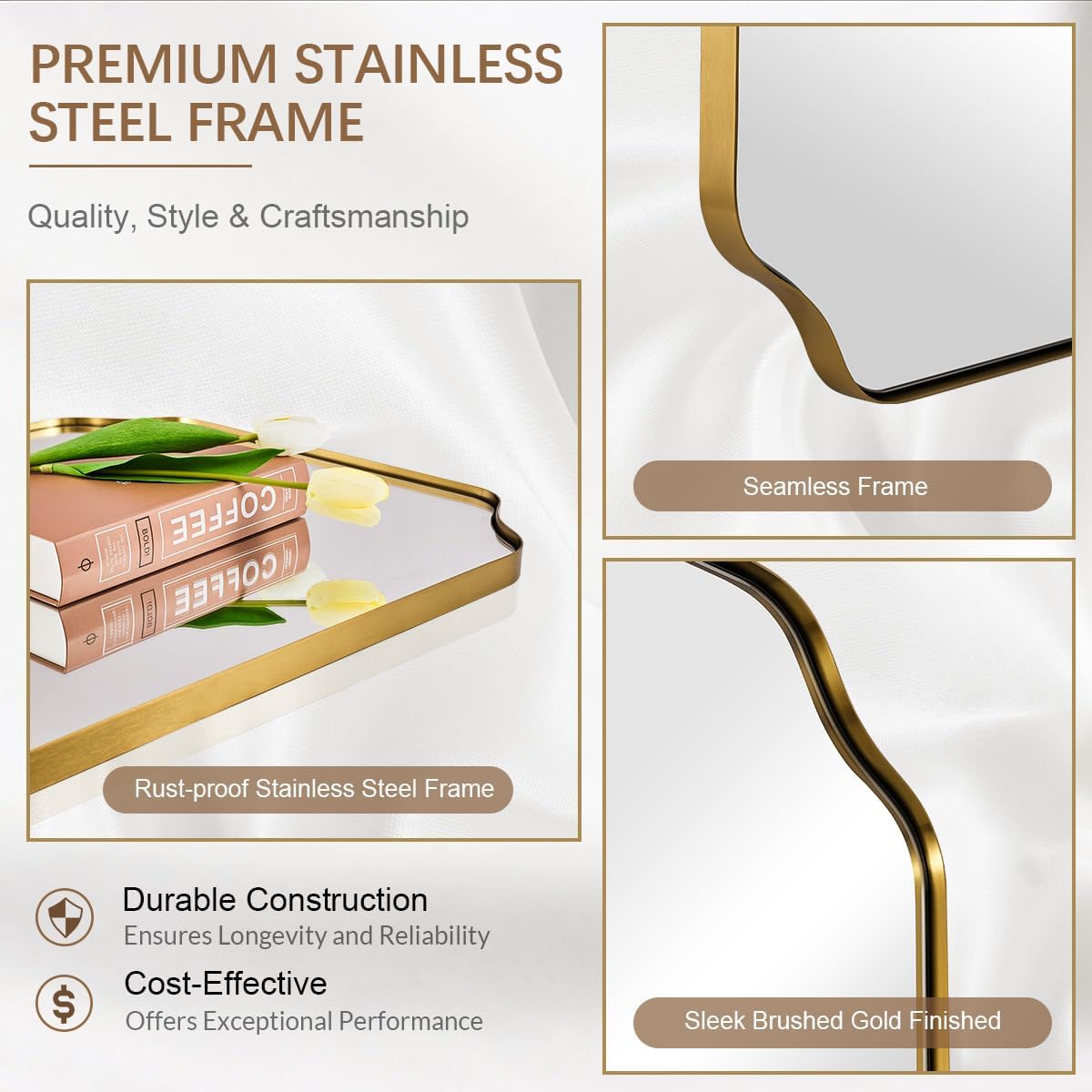 ANDY STAR Brushed Gold Mirror, 22"x30" Bathroom Vanity Mirror, Rounded Rectangle Bathroom Mirror with Rust-Proof Stainless Steel 1" Frame, Wall Mounts Horizontally or Vertically