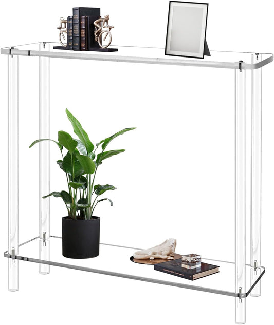Acrylic Narrow Console Table for Entryway 7.6" D x 39.4" W x 31.5" H Clear Modern Skinny Bookshelf Slim Entry Table Waterfall Desk Furniture for Sofa Foyer Hallway Living Room Dining Room
