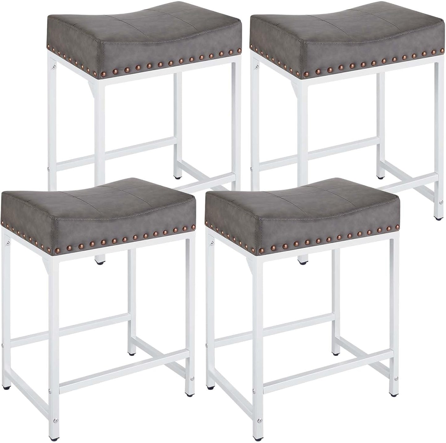 Bar Stools Set of 4, 24" Counter Height Bar Stools Set of 4 with Thick Saddle Cushion and Barstools Metal Frame, Modern Backless Saddle Counter Stools for Kitchen Island Bar Grey+White
