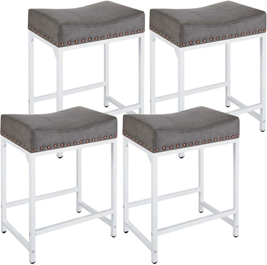 Bar Stools Set of 4, 24" Counter Height Bar Stools Set of 4 with Thick Saddle Cushion and Barstools Metal Frame, Modern Backless Saddle Counter Stools for Kitchen Island Bar Grey+White