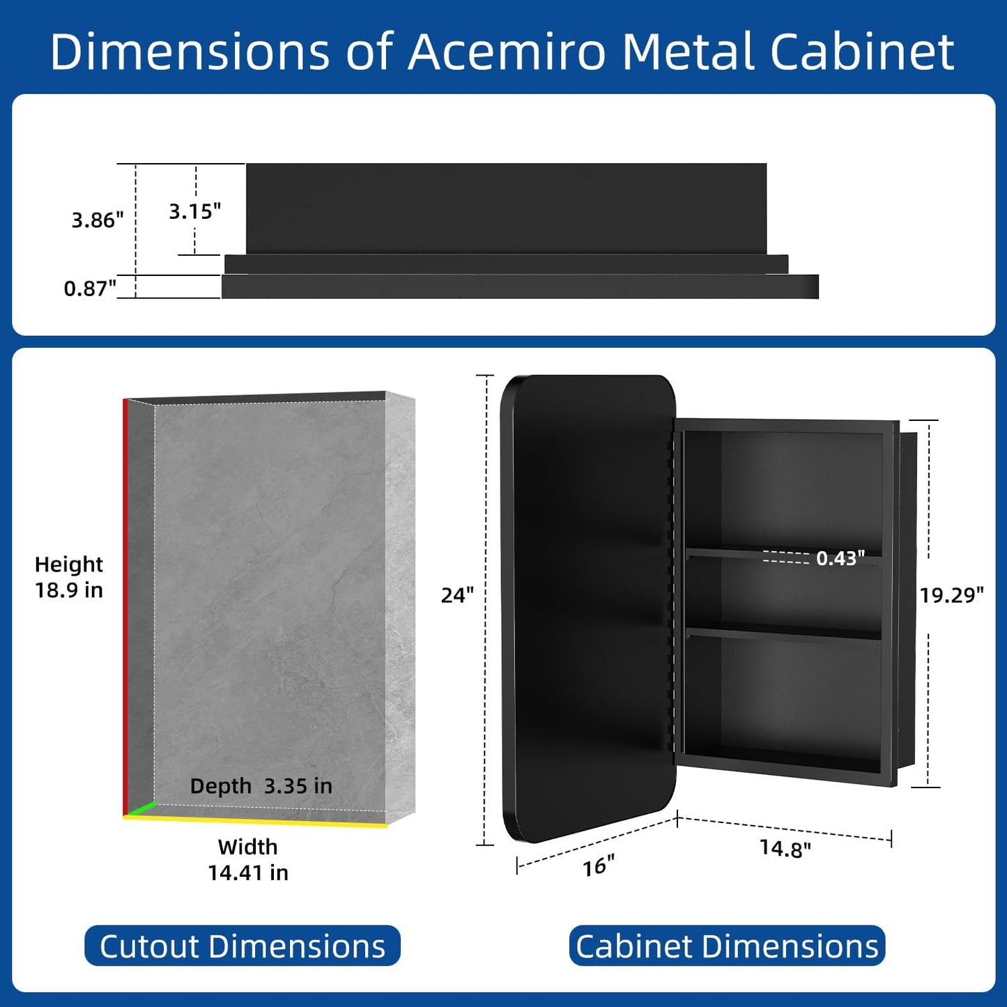 16x24 Inch Black Mirror Medicine Cabinet Metal Framed Recessed Wall Mounted Bathroom Medicine Cabinet with Mirror and Storage