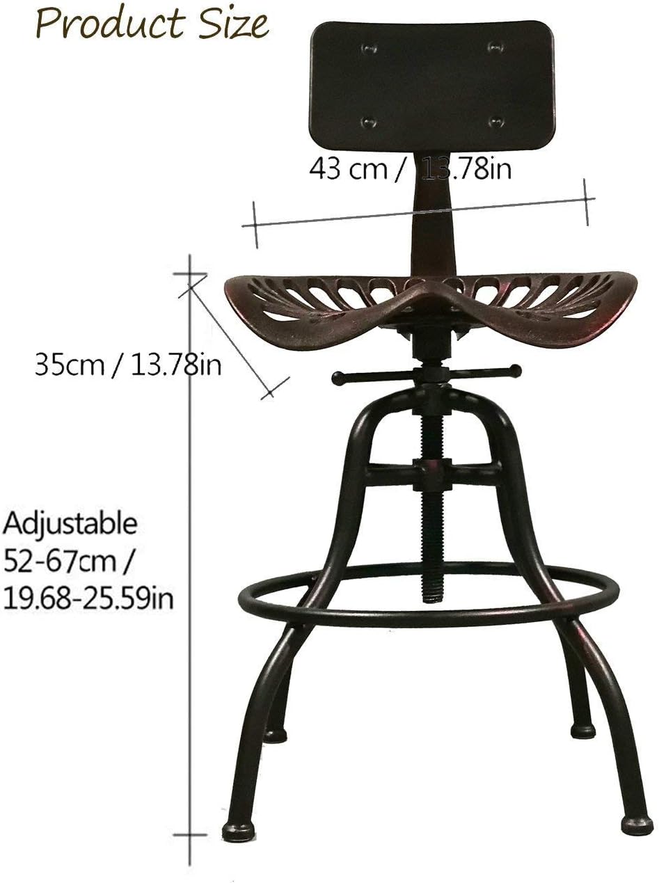 Diwhy Industrial Design Metal Adjustable Height Backrest Chair Vintage Tractor Saddle Bar Stool (Silver)
