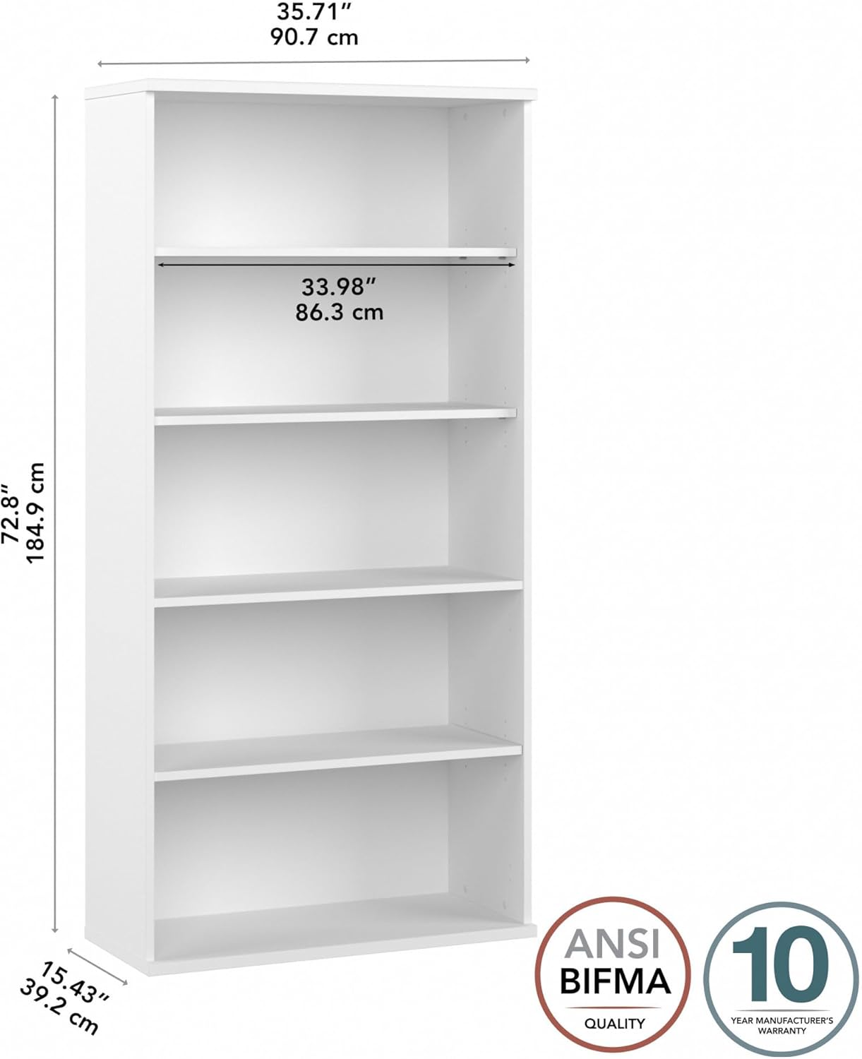Bush Business Furniture Studio C Tall 5 Shelf Bookcase in White, Large Bookshelf for Home or Professional Office