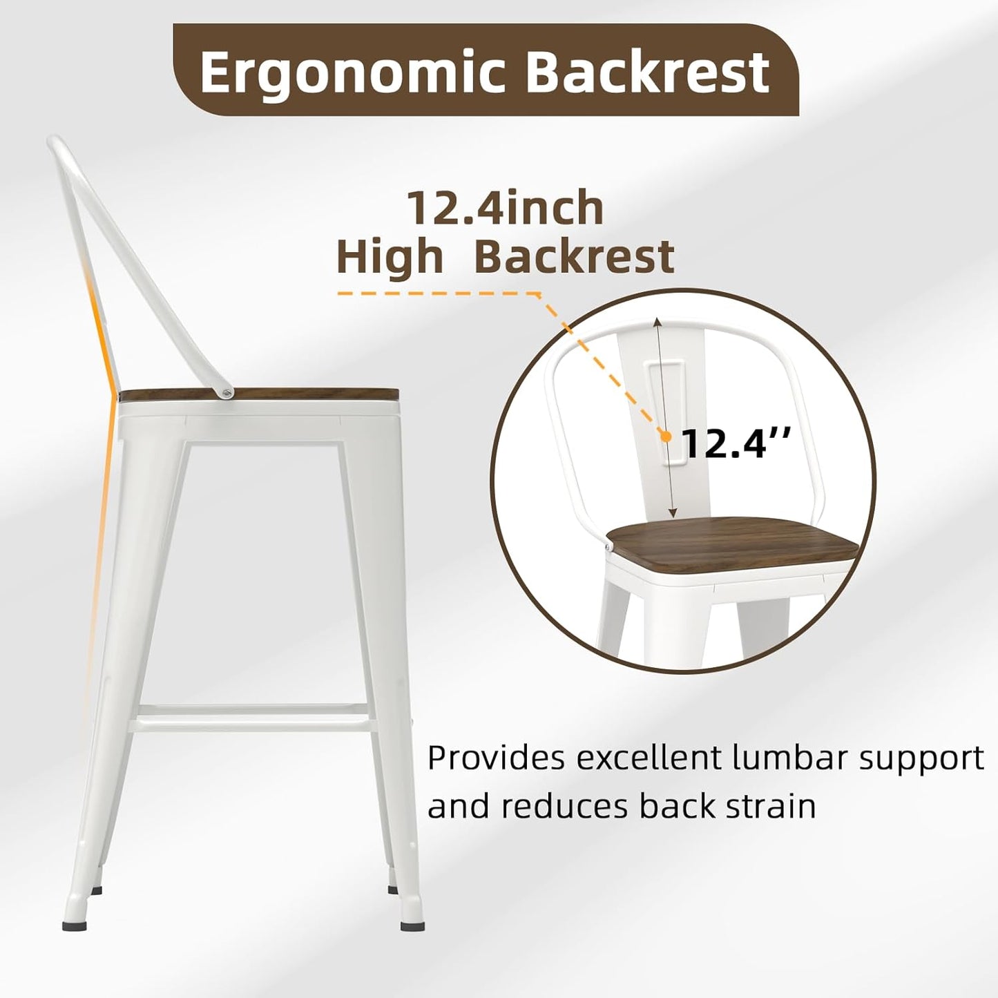 24” Swivel Bar Stools Set of 4, Counter Height Bar Stools Wooden Seat, Metal Industrial Bar Chairs with High Back for Kitchen Island (White)