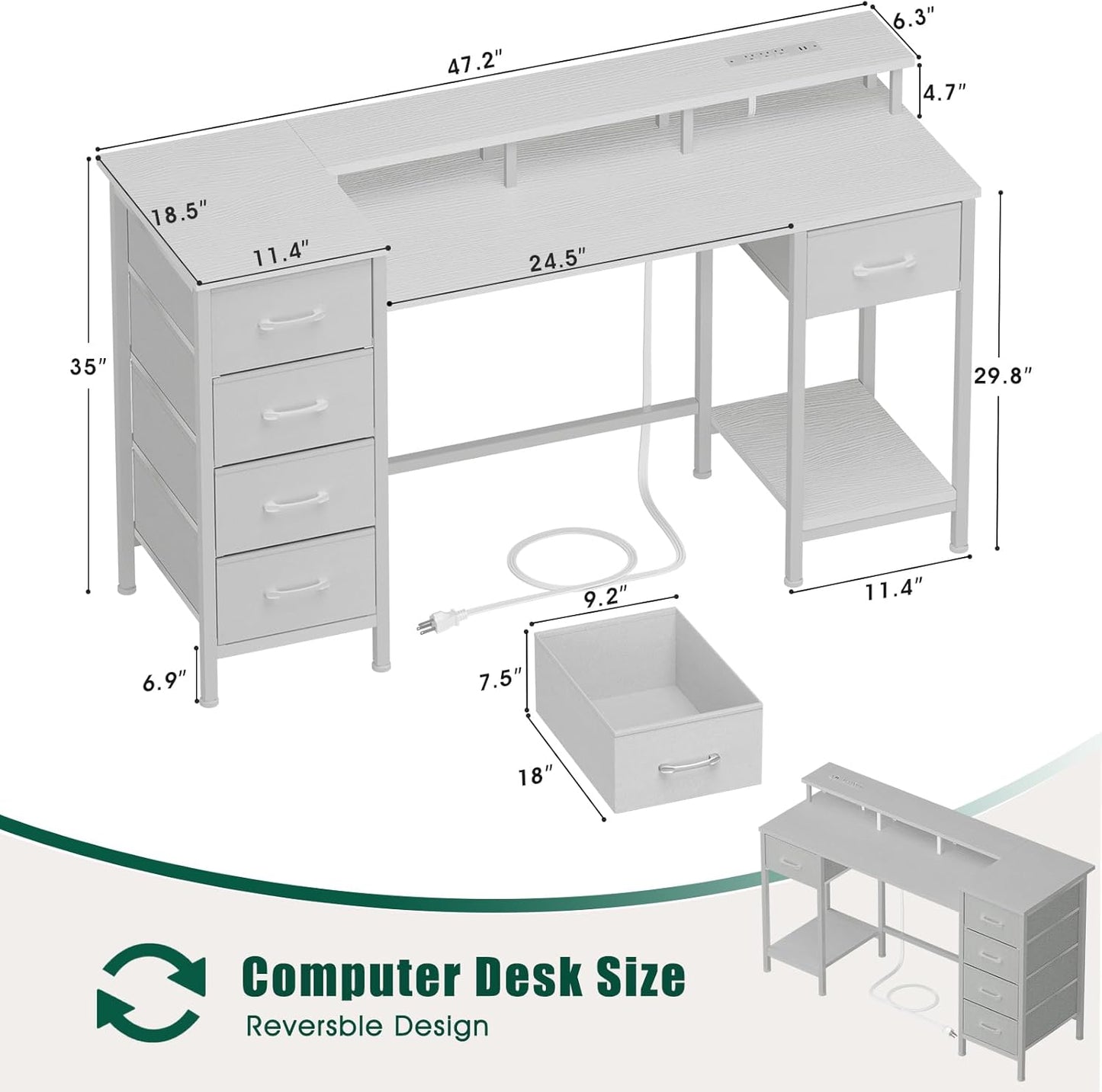 47 Inch Computer Gaming Desk with Power Outlets & LED Lights Reversible Home Office Desk with Adjustable 5 Fabric Storage Drawers for Working Writing Study, White Oak