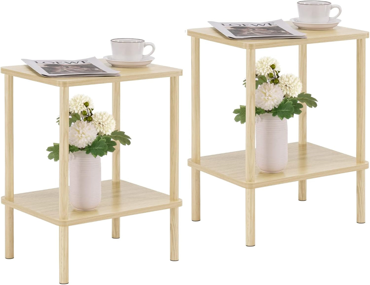Apicizon 2 Tier End Table Set of 2, Small Side Table with Solid Wood Legs, Boho Bedside Table with Storage Shelf, Nightstand for Small Spaces, Bedroom, Living Room, Entryway, Light Natural