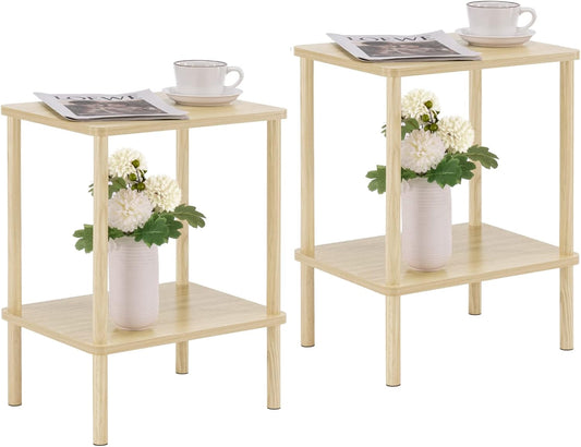 Apicizon 2 Tier End Table Set of 2, Small Side Table with Solid Wood Legs, Boho Bedside Table with Storage Shelf, Nightstand for Small Spaces, Bedroom, Living Room, Entryway, Light Natural