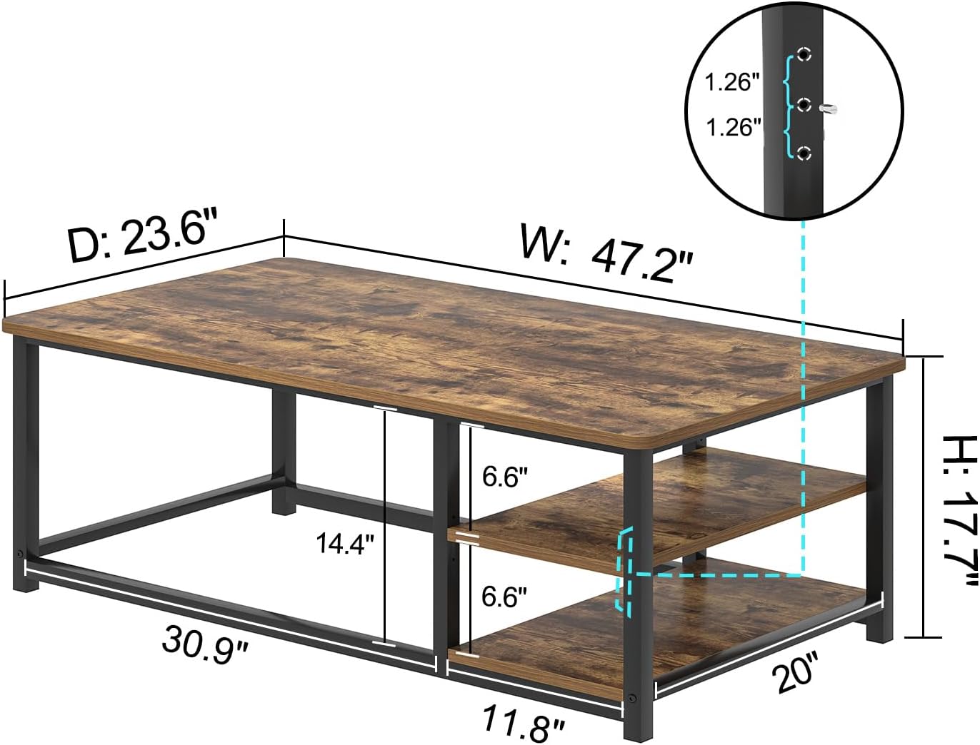 EXCEFUR Modern Coffee Table, Rustic Wood and Metal Living Room Table with Storage Shelf, Industrial Brown, 47 Inch