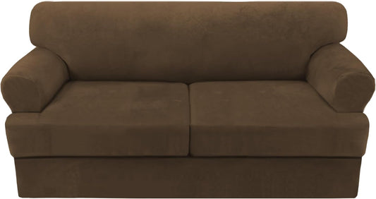 H.VERSAILTEX Sofa Cover 3 Piece T Cushion Loveseat Slipcovers Thick Velvet Couch Cover Stretch T Cushion Sofa Covers for 2 Cushion Couch with 2 Individual T Cushion Covers, Bronze Brown