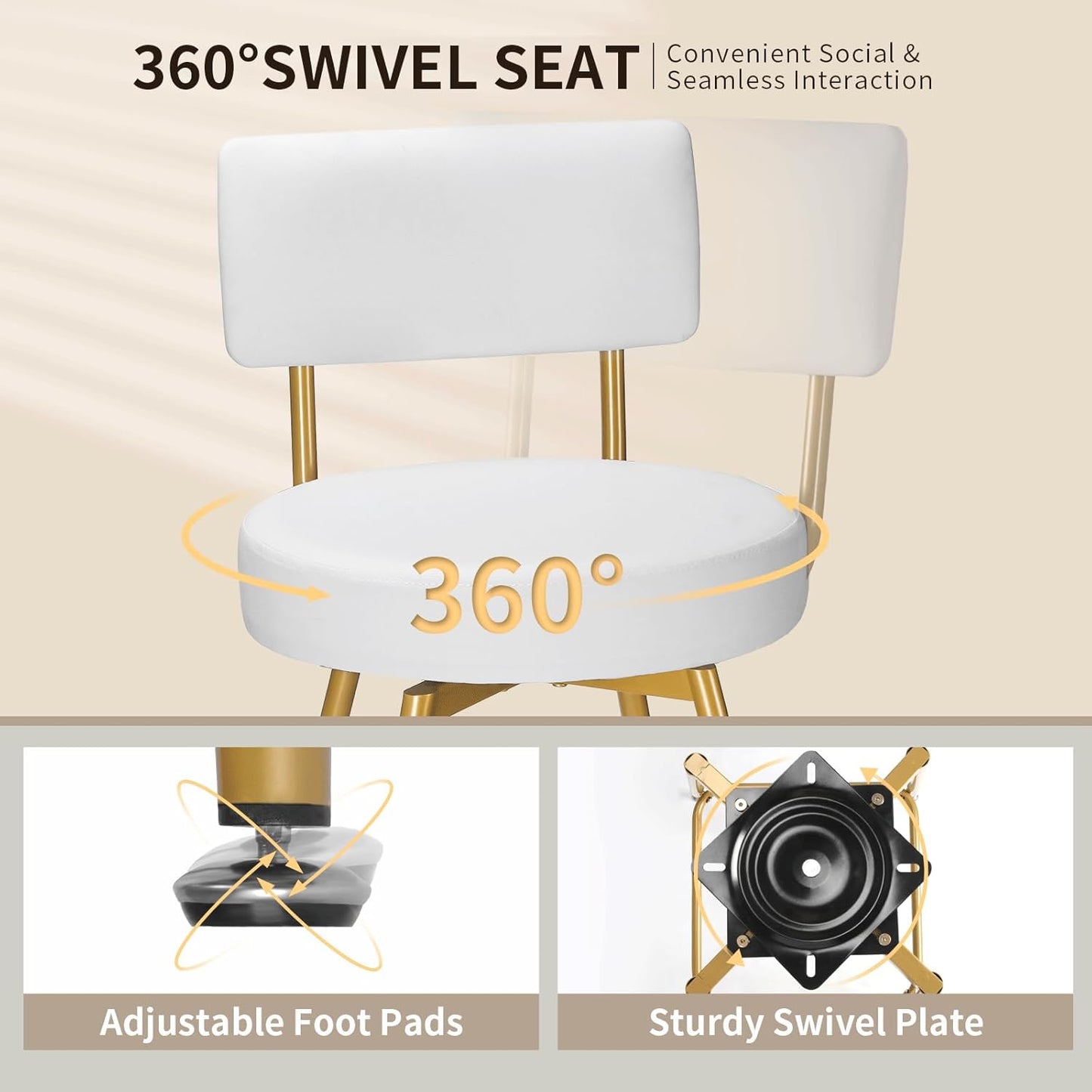 Gold White Bar Stools Set of 2, Modern Counter Height Bar Stools, 25" Upholstered Swivel Round Barstools with Back Bar Chair Island Stool for Kitchen Counter, White Gold