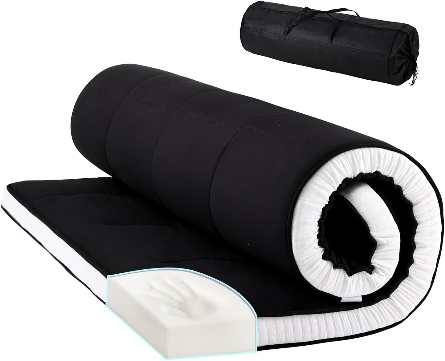 Tiita Floor Mattress Memory Foam Mattress Topper, 4" Thicken Futon Mattress with Storage Bag and 2 Straps, Portable Roll Up Travel Car Camping Mattress Sleeping Pad Full Size, Black